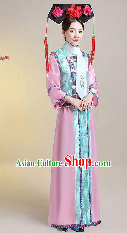 Chinese Qing Dynasty Manchu Princess Pink Dress Costumes Ancient Palace Lady Garment Clothing
