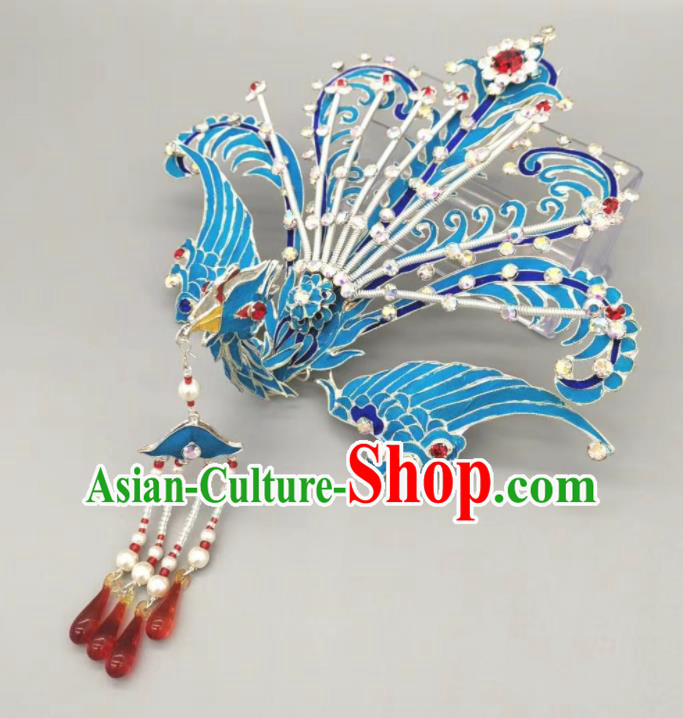 Chinese Traditional Opera Diva Headpiece Huangmei Opera Blue Phoenix Hairpin Beijing Opera Hair Jewelry