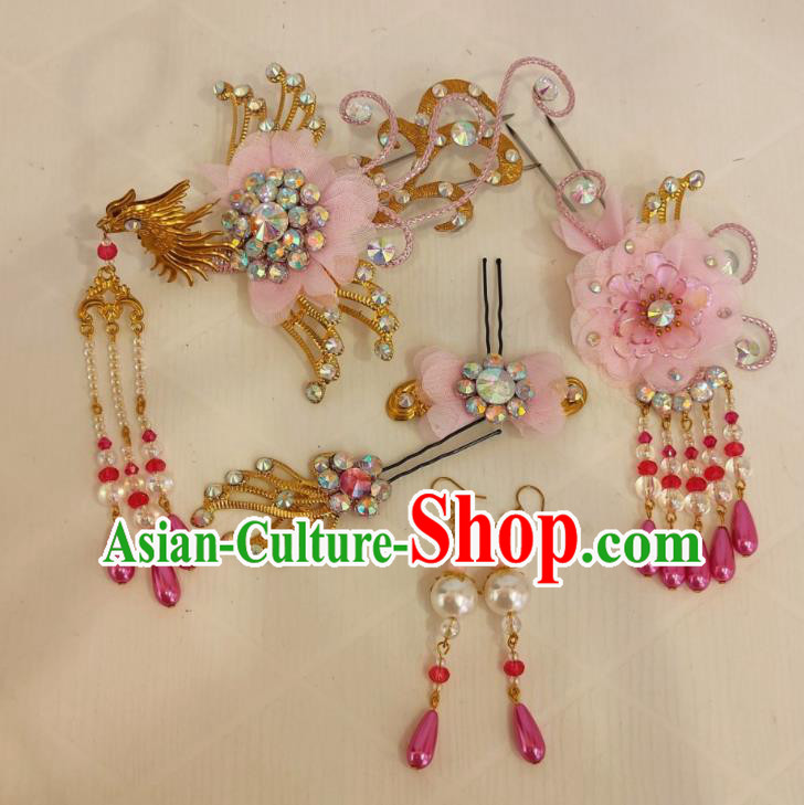 Chinese Traditional Opera Diva Pink Hair Accessories Shaoxing Opera Noble Lady Phoenix Hairpins Beijing Opera Hua Tan Headdress