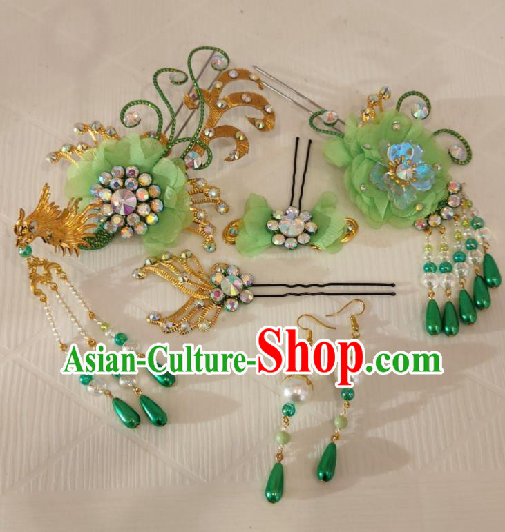 Chinese Traditional Opera Princess Green Hair Accessories Shaoxing Opera Actress Phoenix Hairpins Beijing Opera Hua Tan Headdress