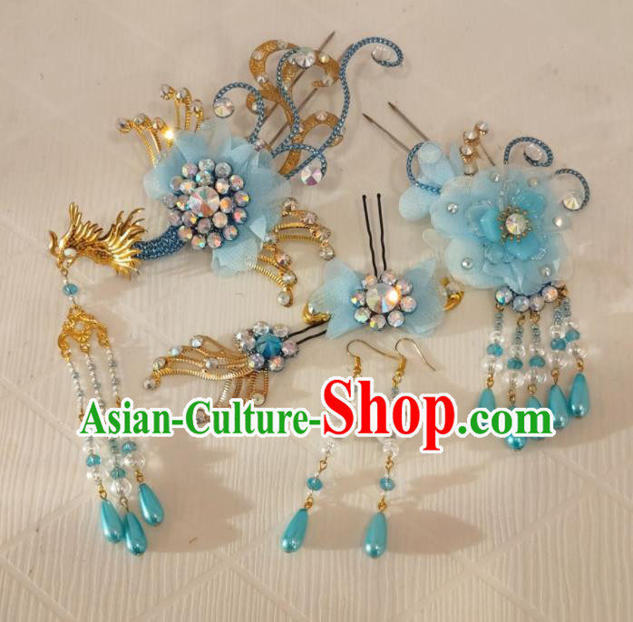 Chinese Beijing Opera Hua Tan Headdress Traditional Opera Princess Light Blue Hair Accessories Shaoxing Opera Actress Phoenix Hairpins