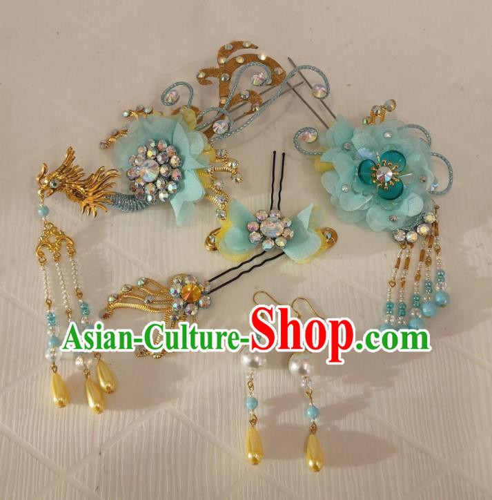 Chinese Shaoxing Opera Actress Phoenix Hairpins Beijing Opera Hua Tan Headpieces Traditional Opera Princess Aqua Hair Accessories