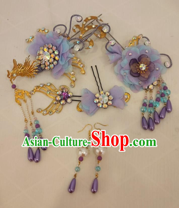 Chinese Traditional Opera Princess Violet Hair Accessories Shaoxing Opera Actress Phoenix Hairpins Beijing Opera Hua Tan Headpieces