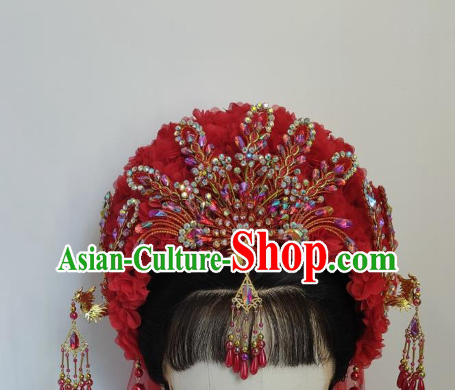 Chinese Huangmei Opera Liu Lan Zhi Headdress Beijing Opera Hua Tan Red Hair Crown Traditional Opera Bride Hair Accessories