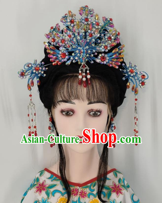 Chinese Beijing Opera Hua Tan Blue Phoenix Crown Traditional Opera Princess Hair Accessories Huangmei Opera Fairy Headdress