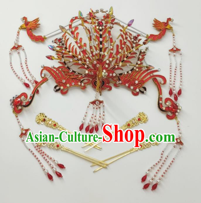 Chinese Huangmei Opera Wedding Headpieces Beijing Opera Hua Tan Red Phoenix Crown Traditional Opera Empress Hair Accessories