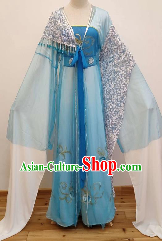 China Ancient Fairy Clothing Shaoxing Opera Actress Blue Dress Peking Opera Hua Tan Costume