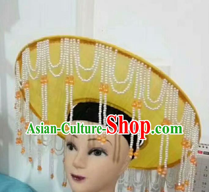 Chinese Huangmei Opera Actress Headwear Beijing Opera Hua Tan Tassel Yellow Hat Traditional Opera Fairy Princess Headdress