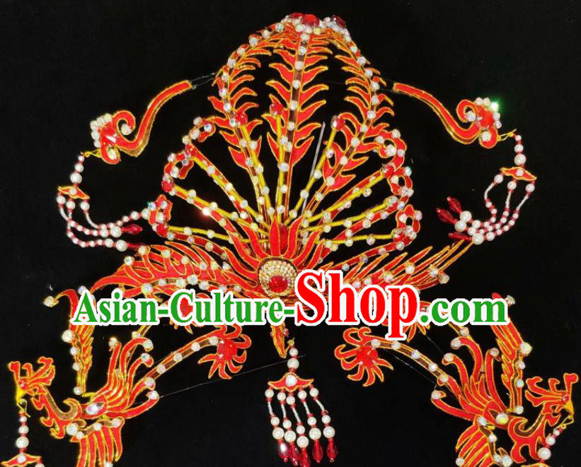 Chinese Beijing Opera Hua Tan Red Phoenix Hairpins Traditional Opera Hair Accessories Shaoxing Opera Princess Headdress