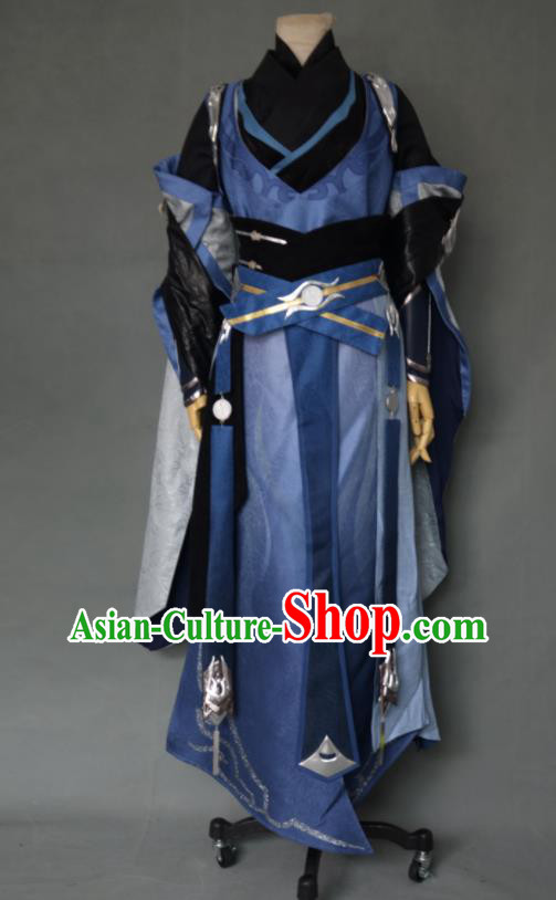 Chinese Ancient Taoist Priest Garment Costumes Cosplay Swordsman Blue Clothing Moonlight Blade Chun Yang Apparel