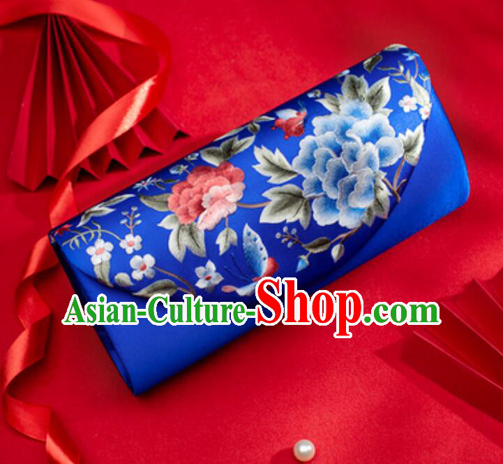 China Handmade Suzhou Embroidery Peony Handbag Evening Bag National Royal Blue Silk Clutch Bag