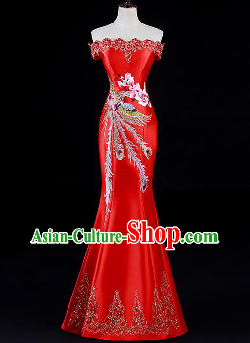 China New Year Off Shoulder Mermaid Dress Professional Embroidery Phoenix Red Full Dress Dinner Party Formal Garment
