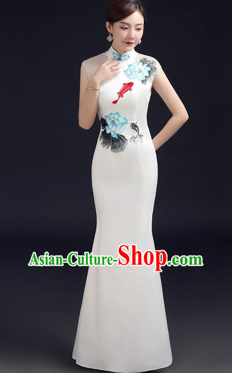 Chinese New Year Full Dress Traditional White Qipao Modern Cheongsam Ink Painting Lotus Fish Qipao Dress