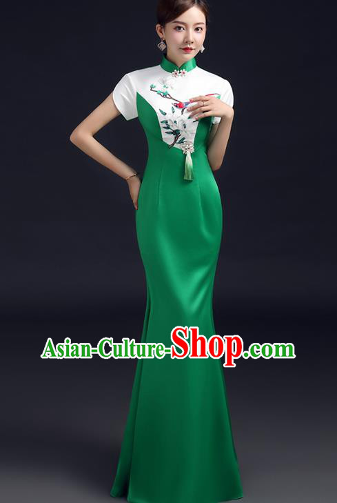 Chinese Embroidered Magnolia Qipao Dress New Year Full Dress Traditional Green Satin Qipao Modern Cheongsam