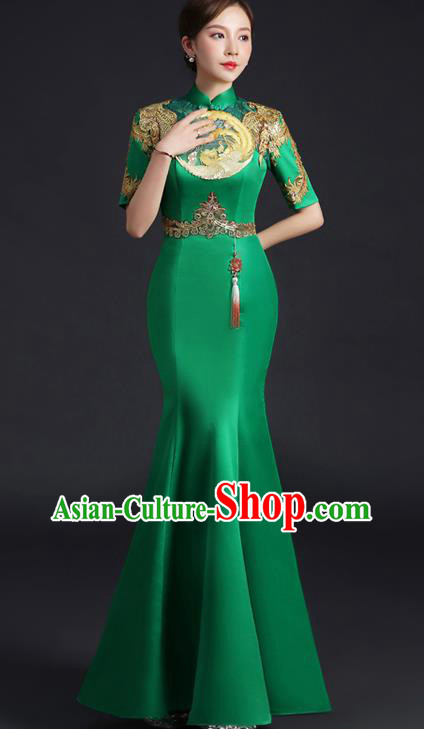 Chinese Traditional Green Qipao Modern Cheongsam Embroidered Phoenix Qipao Dress New Year Middle Sleeve Full Dress