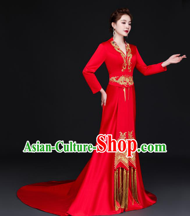 China Dinner Party Formal Garment New Year Red Dress Professional Embroidery Full Dress