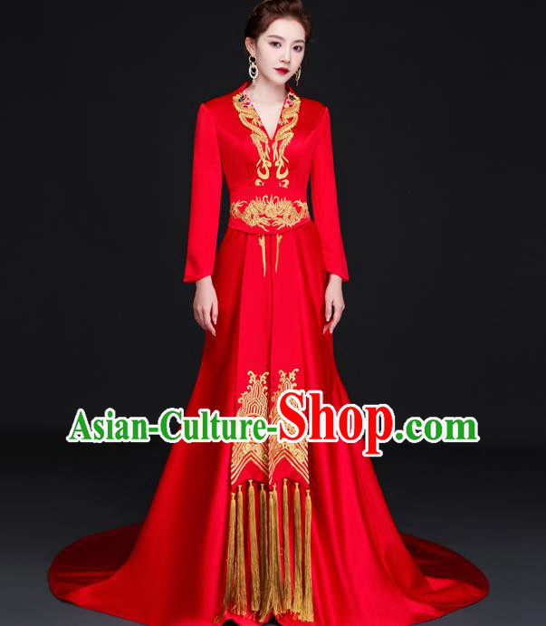 China Dinner Party Formal Garment New Year Red Dress Professional Embroidery Full Dress