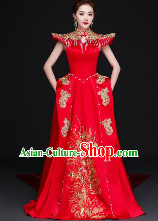 China Professional Embroidery Full Dress Dinner Party Formal Garment New Year Compere Red Dress