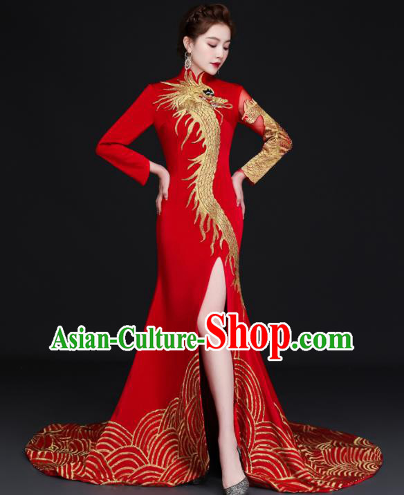 Chinese Bride Embroidered Dragon Trailing Qipao Modern Cheongsam Traditional Qipao Dress Wedding Red Full Dress
