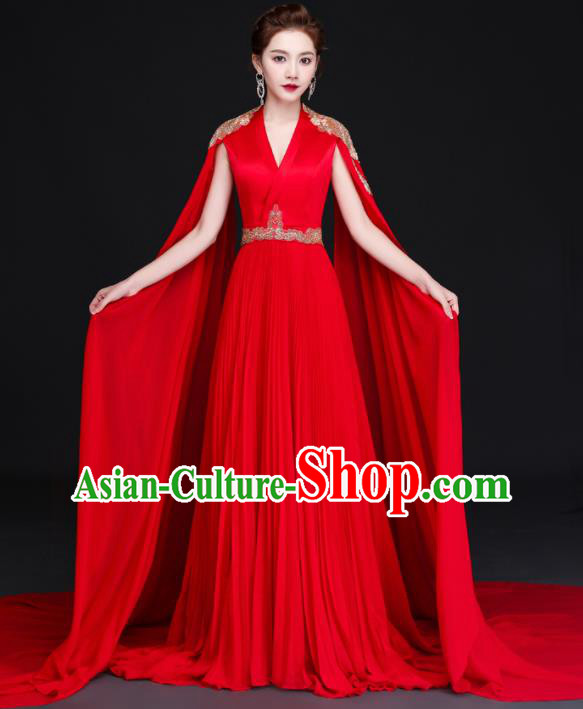 China New Year Compere Red Dress Professional Embroidery Full Dress Dinner Party Formal Garment