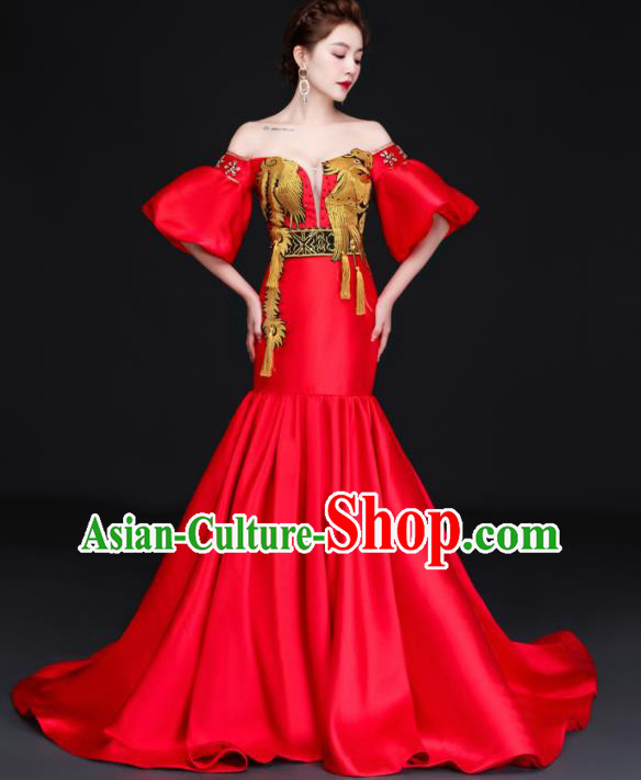 China Dinner Party Formal Garment New Year Compere Red Flare Dress Professional Embroidery Phoenix Full Dress