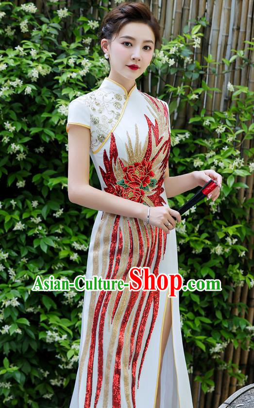 Chinese Traditional Qipao Dress Hostess White Full Dress Embroidered Peony Qipao Modern Cheongsam