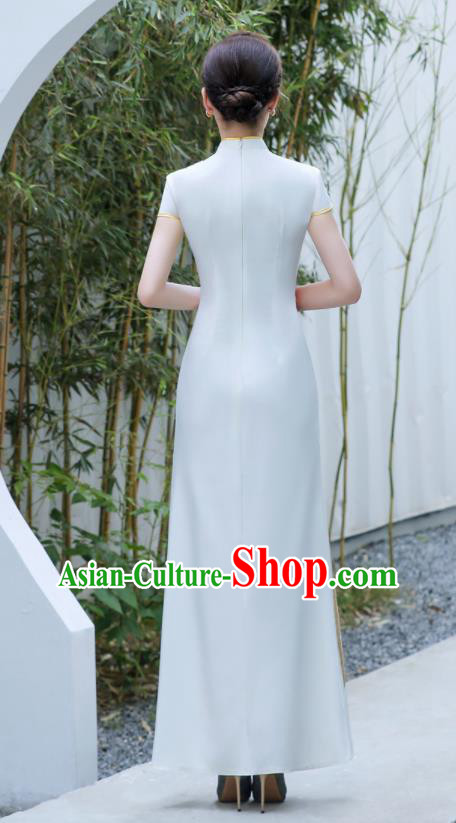 Chinese Traditional Qipao Dress Hostess White Full Dress Embroidered Peony Qipao Modern Cheongsam