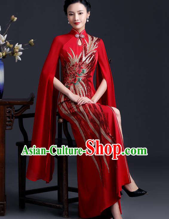 Chinese Modern Cheongsam Traditional Red Qipao Dress Hostess Full Dress Embroidered Peony Qipao Clothing