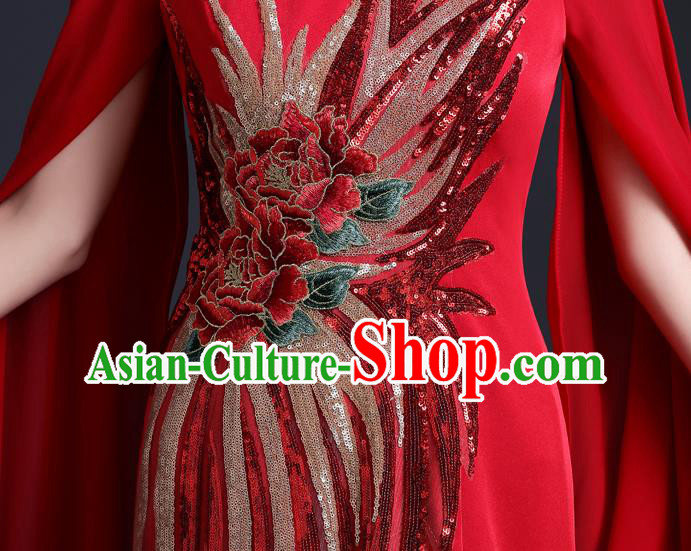 Chinese Modern Cheongsam Traditional Red Qipao Dress Hostess Full Dress Embroidered Peony Qipao Clothing