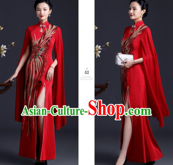 Chinese Modern Cheongsam Traditional Red Qipao Dress Hostess Full Dress Embroidered Peony Qipao Clothing