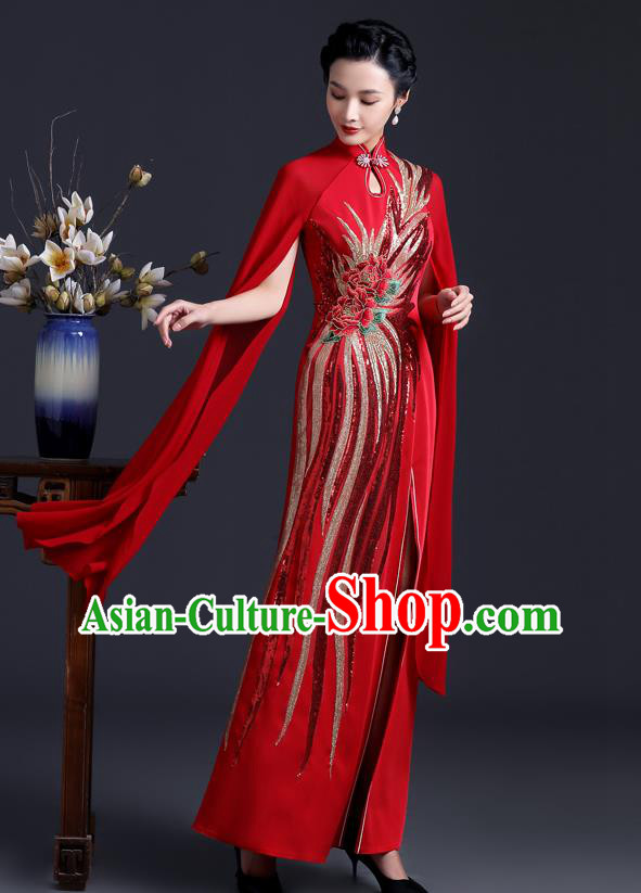 Chinese Modern Cheongsam Traditional Red Qipao Dress Hostess Full Dress Embroidered Peony Qipao Clothing