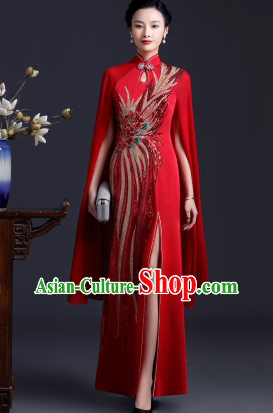 Chinese Modern Cheongsam Traditional Red Qipao Dress Hostess Full Dress Embroidered Peony Qipao Clothing