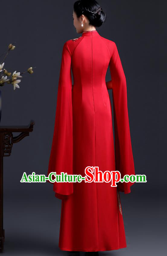 Chinese Modern Cheongsam Traditional Red Qipao Dress Hostess Full Dress Embroidered Peony Qipao Clothing