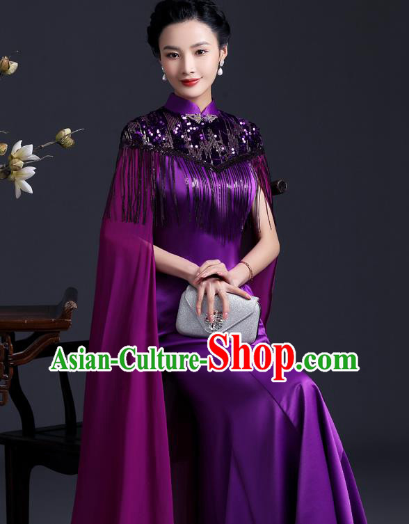 Chinese Black Tassel Qipao Clothing Modern Fishtail Cheongsam Traditional Purple Qipao Dress Hostess Full Dress