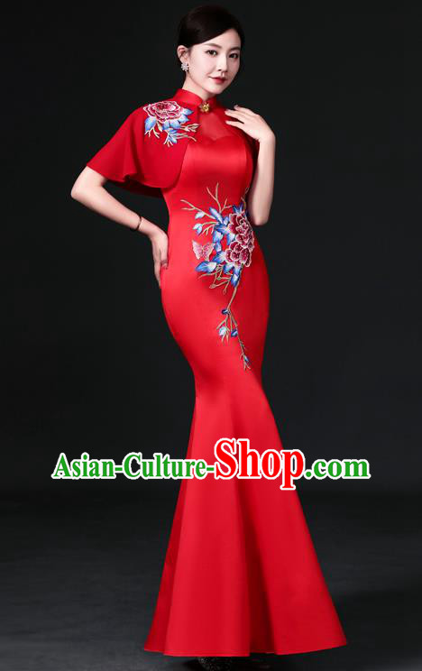 Chinese Hostess Full Dress Embroidered Qipao Clothing Modern Fishtail Cheongsam Traditional Red Tippet Qipao Dress