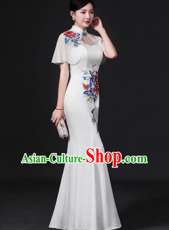 Chinese Traditional White Tippet Qipao Dress Hostess Full Dress Embroidered Qipao Clothing Modern Fishtail Cheongsam