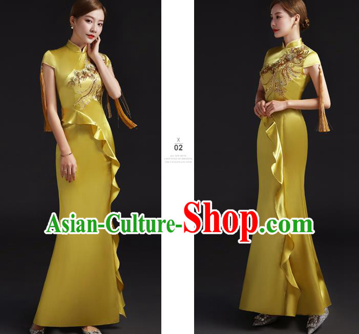 Chinese Embroidered Yellow Qipao Clothing Modern Cheongsam Traditional New Year Dress Compere Full Dress