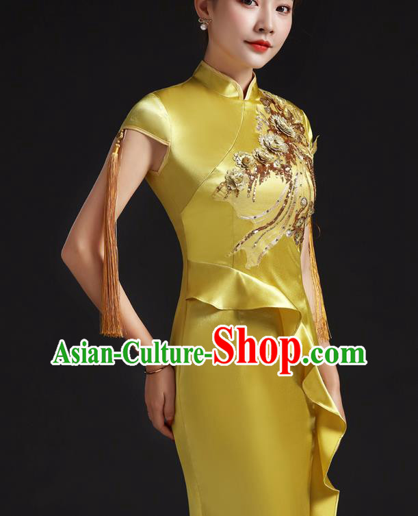 Chinese Embroidered Yellow Qipao Clothing Modern Cheongsam Traditional New Year Dress Compere Full Dress
