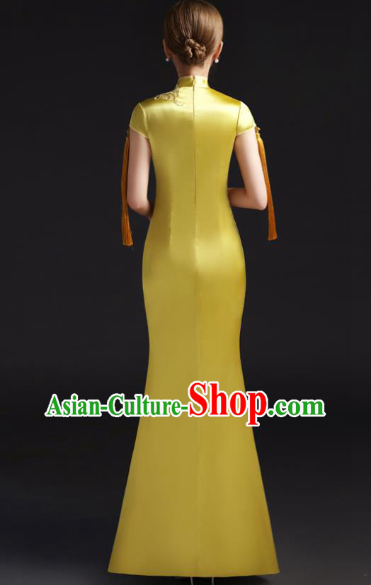 Chinese Embroidered Yellow Qipao Clothing Modern Cheongsam Traditional New Year Dress Compere Full Dress