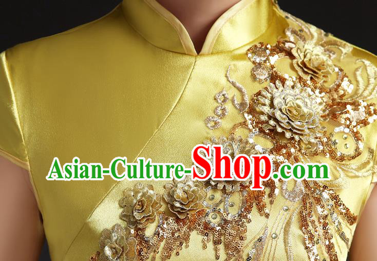 Chinese Embroidered Yellow Qipao Clothing Modern Cheongsam Traditional New Year Dress Compere Full Dress