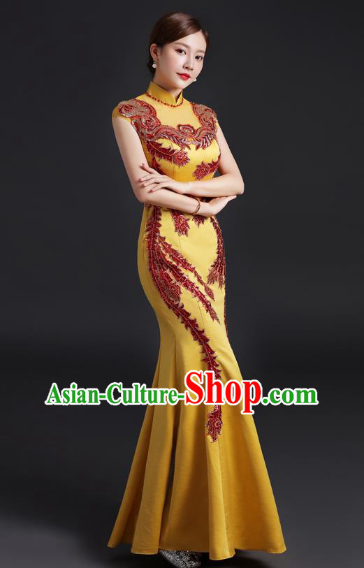 Chinese Compere Full Dress Embroidered Yellow Qipao Clothing Modern Cheongsam Traditional New Year Dress