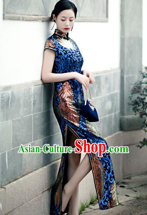 Chinese Traditional New Year Dress Compere Full Dress Classical Blue Velvet Qipao Clothing Modern Cheongsam