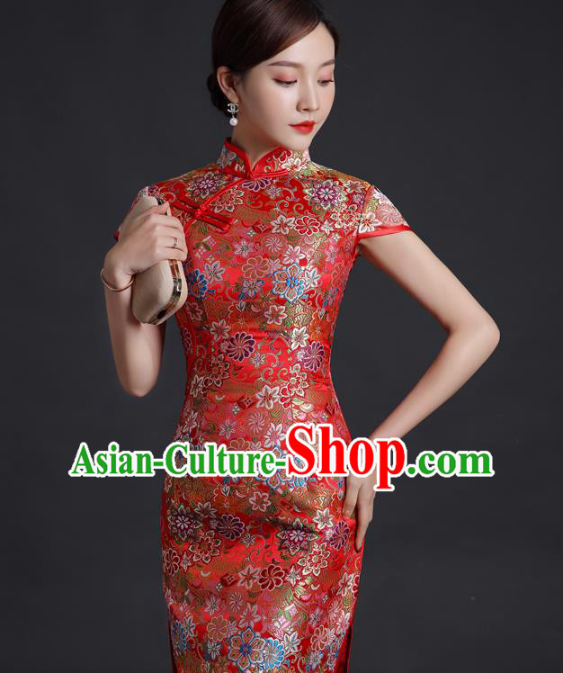 Chinese Bride Red Brocade Cheongsam Traditional Wedding Dress Compere Full Dress Classical Qipao Clothing