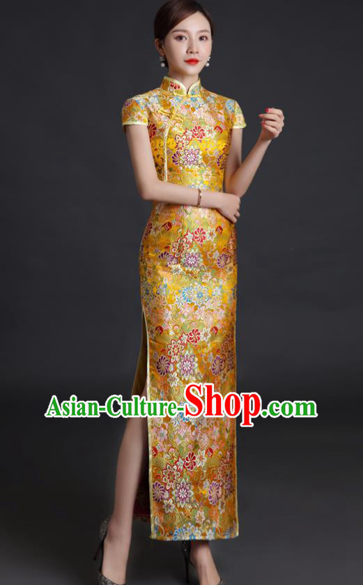 Chinese Classical Qipao Clothing Bride Golden Brocade Cheongsam Traditional Wedding Dress Compere Full Dress