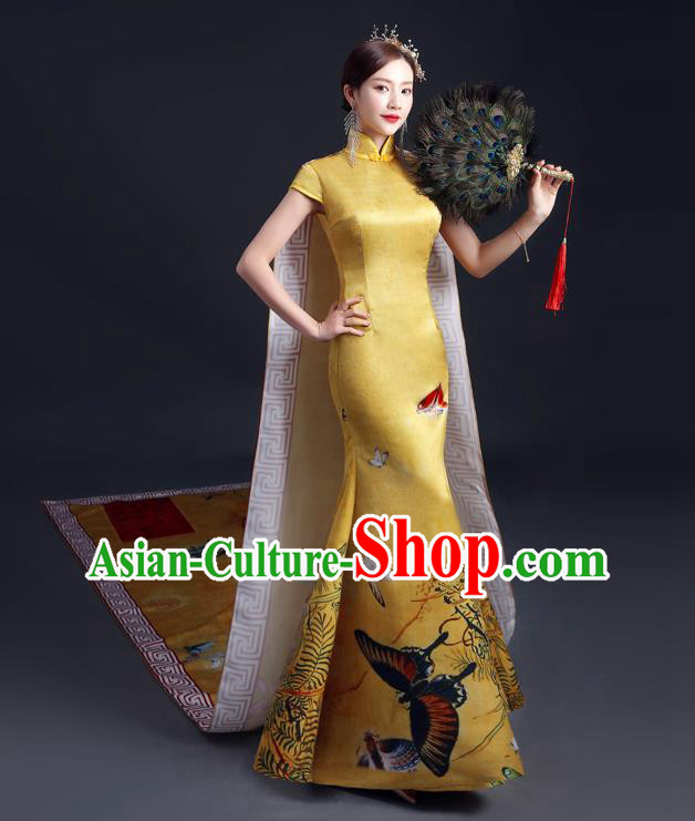 Chinese Compere Full Dress Classical Qipao Clothing Long Mantle Cheongsam Traditional Dress
