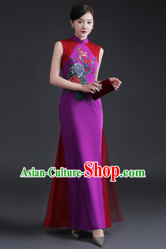 Chinese Modern Lace Cheongsam Traditional Purple Qipao Dress Hostess Full Dress Embroidered Peony Qipao Clothing