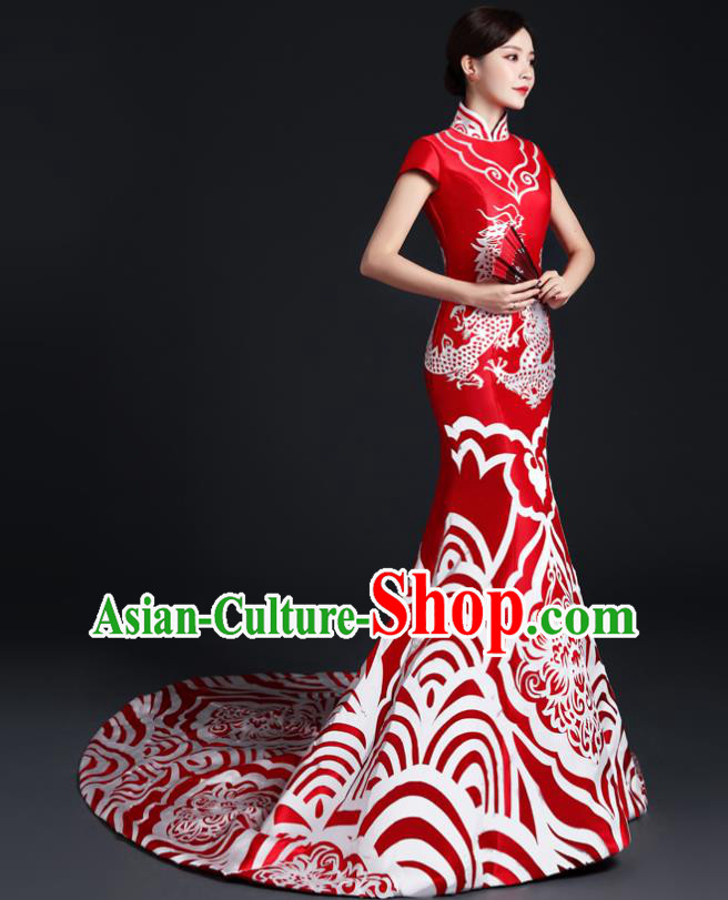 Chinese Traditional Trailing Dress Compere Full Dress Classical Qipao Clothing Wedding Red Cheongsam