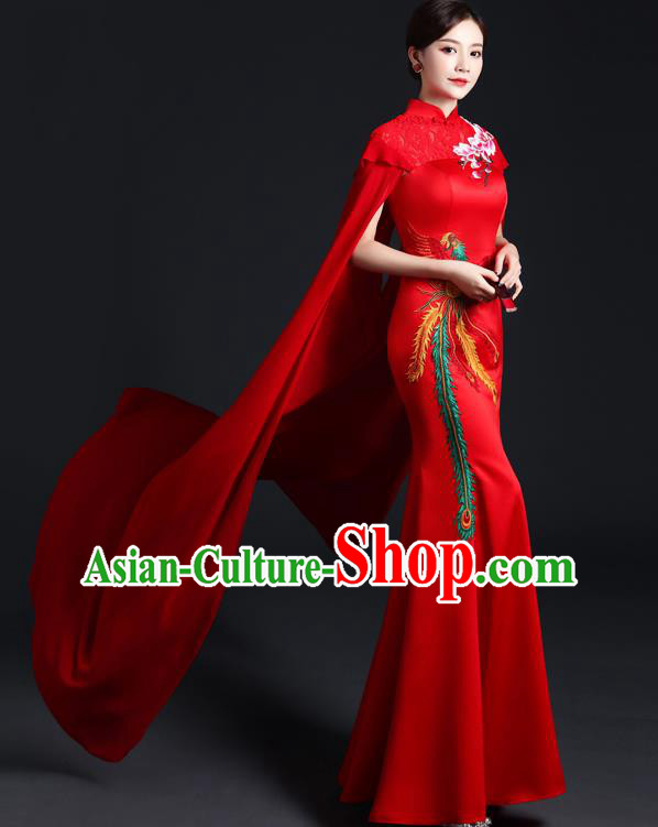 Chinese Classical Qipao Clothing Modern Red Mantle Cheongsam Traditional Embroidered Phoenix Dress Compere Full Dress