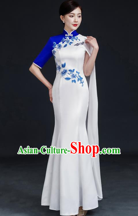 Chinese Embroidered Peach Blossom Qipao Clothing Modern Cheongsam Traditional White Qipao Dress Compere Full Dress