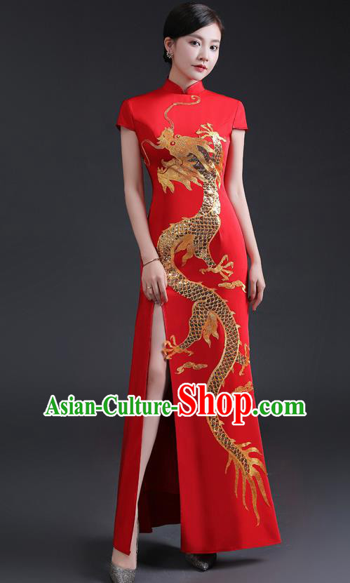 Chinese Compere Full Dress Embroidered Dragon Qipao Clothing Modern Cheongsam Traditional Red Dress